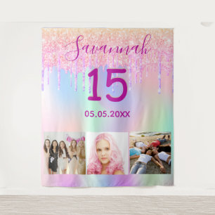 Quinceanerapink glitter drips photo holographic tapestry
