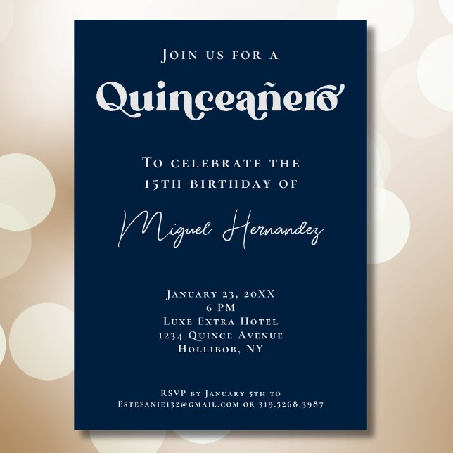 Quinceañero Elegant Navy Bold Typography Birthday Invitation (Creator Uploaded)