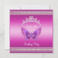 Quincenera 15th Fushia Pink Silver Tiara Butterfly