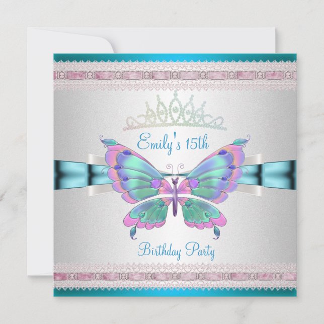 Quincenera 15th White Teal Blue Pink Butterfly Invitation (Front)