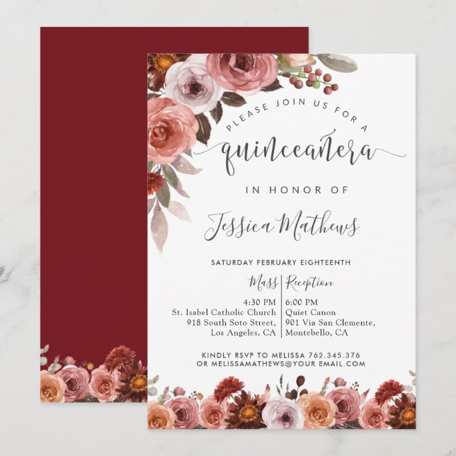 Quinceñera Burgundy and Blush Floral Invitation (Front/Back)