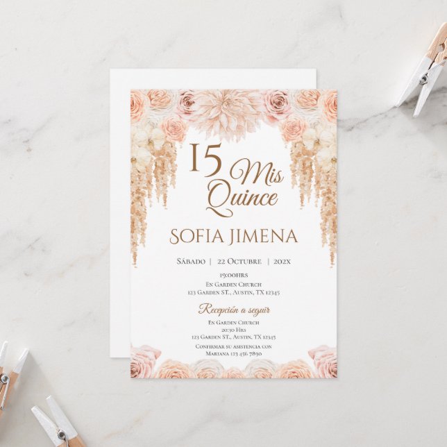 Quincenera Invitation in Spanish Boho (Front/Back In Situ)