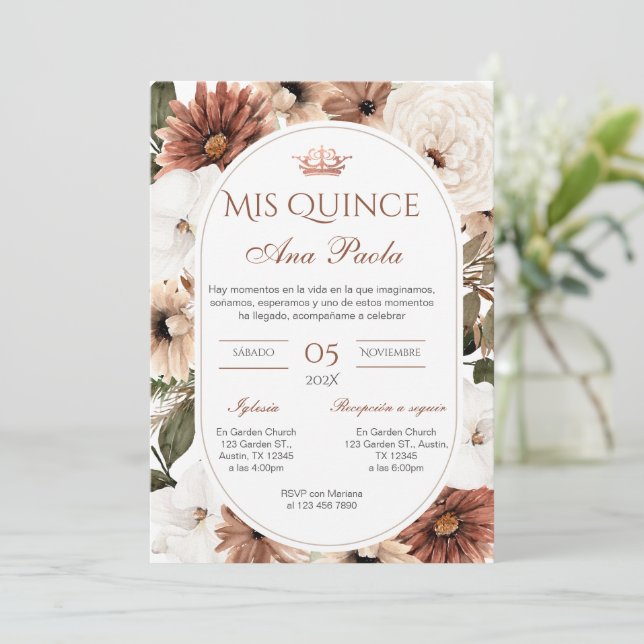Quincenera Invitation in Spanish BohoFloral (Standing Front)