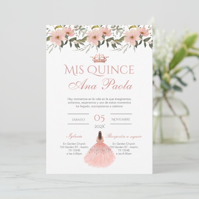 Quinceñera Invitation in Spanish Pink Floral (Standing Front)