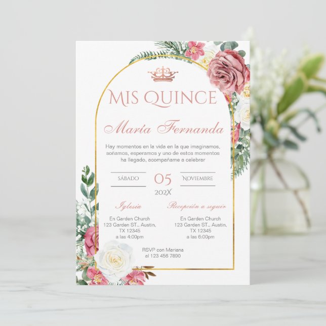 Quinceñera Invitation in Spanish Pink Floral (Standing Front)