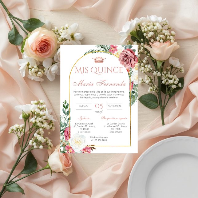 Quinceñera Invitation in Spanish Pink Floral (Creator Uploaded)