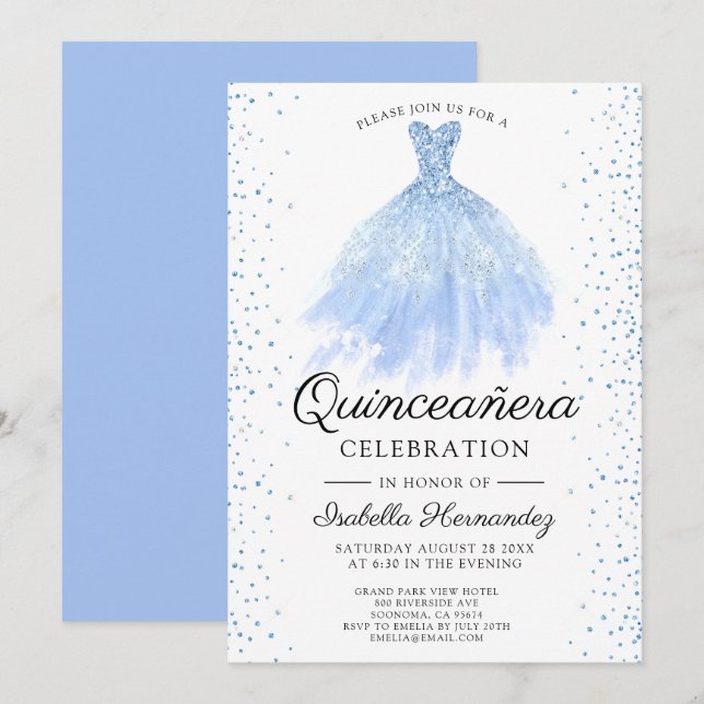 Quineanera Blue Glitter Gown Party Invitation (Front/Back)