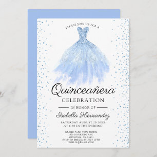 Quineanera Blue Glitter Gown Party Invitation