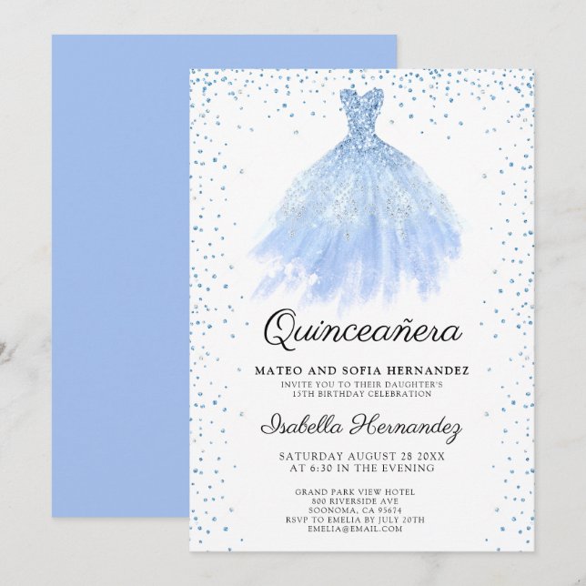 Quineanera Blue Glitter Gown Party Invitation (Front/Back)