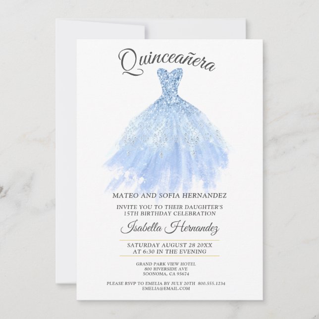 Quineanera Gold Glitter Blue Gown Party Invitation (Front)