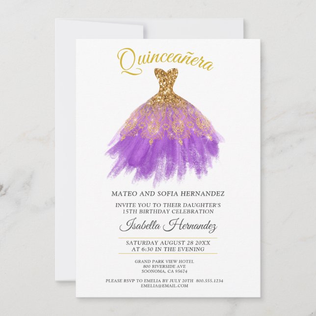Quineanera Gold Glitter Purple Party Invitation (Front)