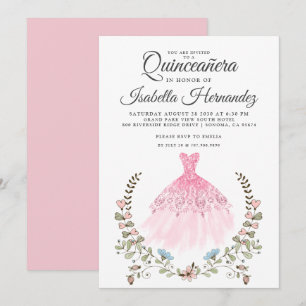 Quineanera Gown Dress Floral Pink Invitation