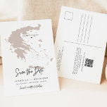 QUINN Greece Map Save the Date (Moveable Heart!) Postcard<br><div class="desc">This travel themed save the date postcard features a blush Greece map and postcard backing. Easily change the colours and move the heart around to highlight your destination. Edit *most* wording to match your needs and easily add a special message to the backside of the invitation.</div>