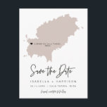 QUINN Ibiza Map Save the Date (Moveable Heart!) Postcard<br><div class="desc">This travel themed save the date postcard features a blush Ibiza map and postcard backing. Easily change the colours and move the heart around to highlight your destination. Edit *most* wording to match your needs and easily add a special message to the backside of the invitation.</div>