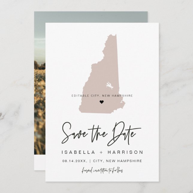 QUINN NEW HAMPSHIRE Blush Map Photo Save the Date Invitation (Front/Back)