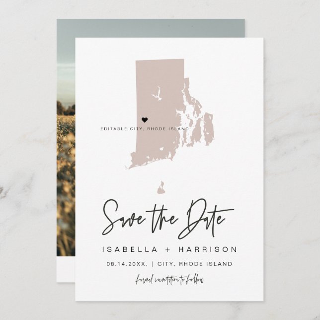 QUINN RHODE ISLAND Blush Map Photo Save the Date Invitation (Front/Back)