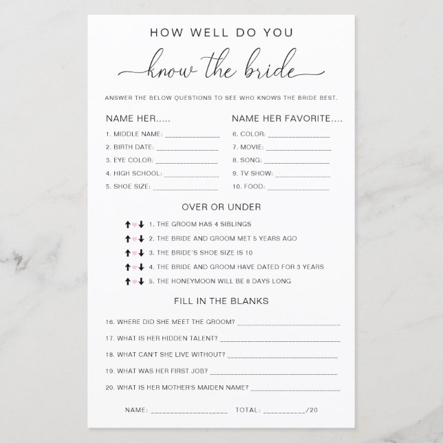 Quinn Script How Well Do You Know The Bride Game (Front)