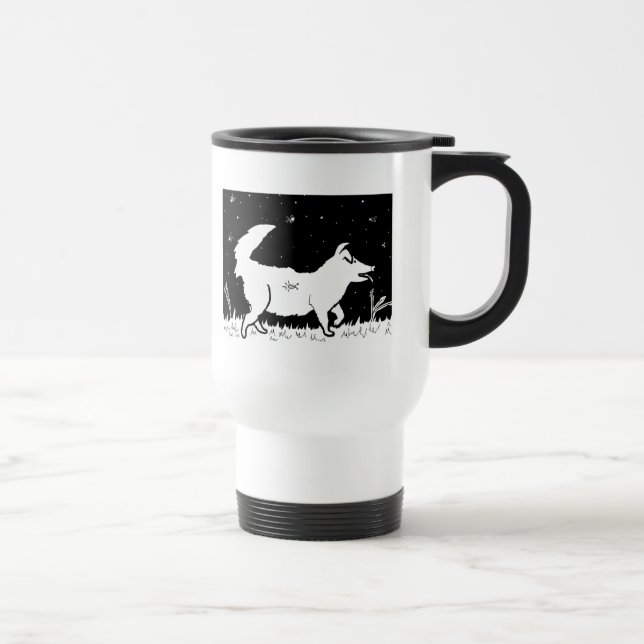 Quinn wears a lightening bug travel mug (Right)