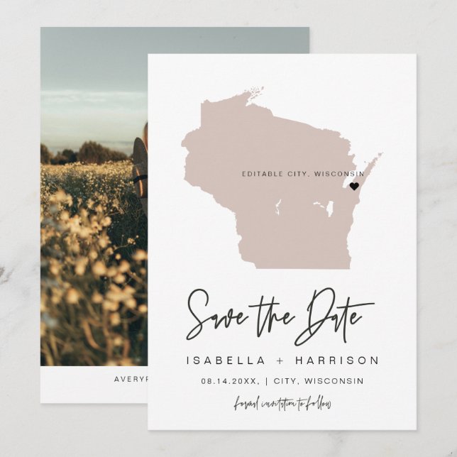 QUINN WISCONSIN Blush Pink Map Photo Save the Date Invitation (Front/Back)
