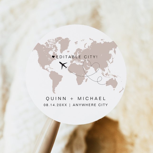 QUINN World Map Travel Destination Save the Date Classic Round Sticker (Creator Uploaded)