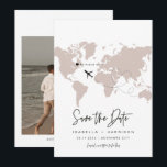 QUINN World Map Travel Destination Save the Date Invitation<br><div class="desc">This travel themed save the date postcard features a blush world map and optional photo backside. Easily change the colours and move the heart around to highlight your destination. Edit *most* wording to match your needs.</div>