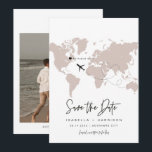 QUINN World Map Travel Destination Save the Date Invitation<br><div class="desc">This travel themed save the date postcard features a blush world map and optional photo backside. Easily change the colours and move the heart around to highlight your destination. Edit *most* wording to match your needs.</div>