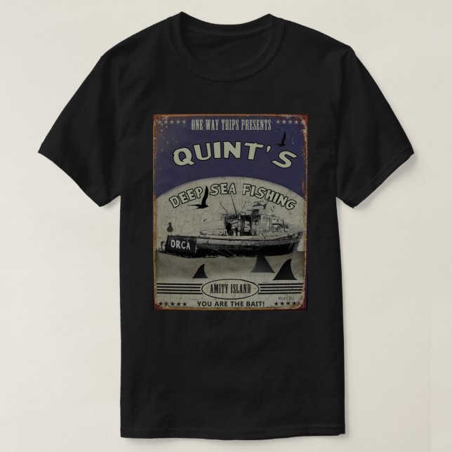 Quint&x27;s Shark Fishing (One Way Trips) Sticker T-Shirt (Design Front)