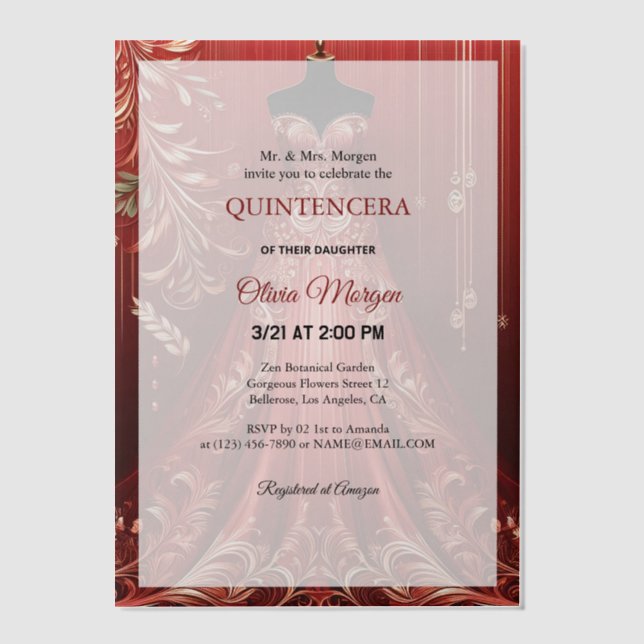 Quintencera Glam Red Dress Birthday Party Invite Vellum Invitations (Front)