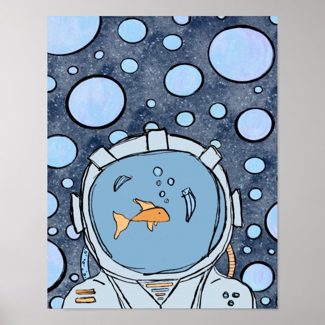 Quirky Abstract Fish Astronaut in Space Poster (Front)