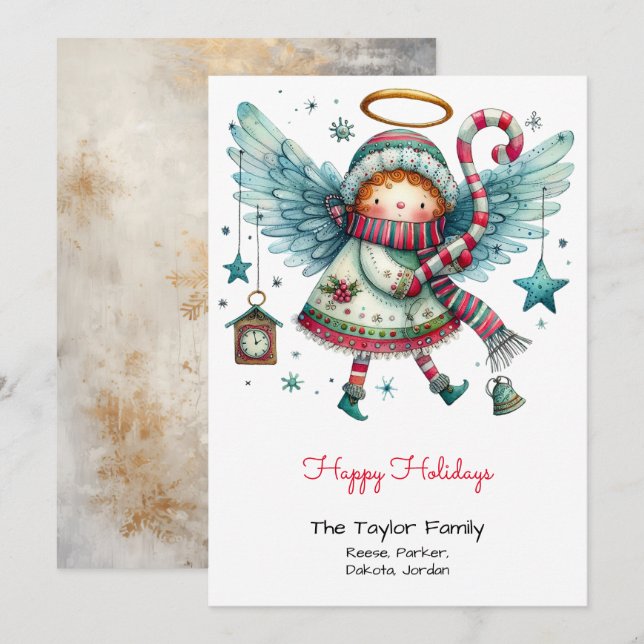 Quirky Angel Illustration Happy Holidays Holiday Card (Front/Back)