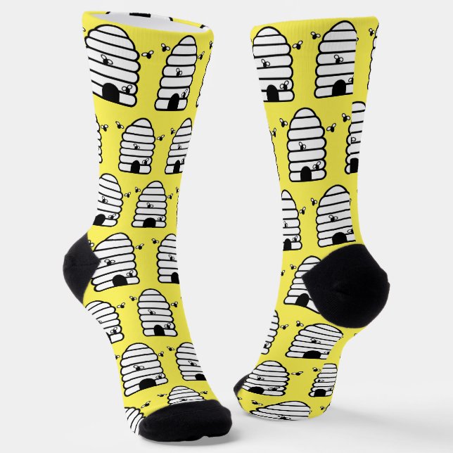Quirky Bee Hives Pattern on Yellow Socks (Angled)