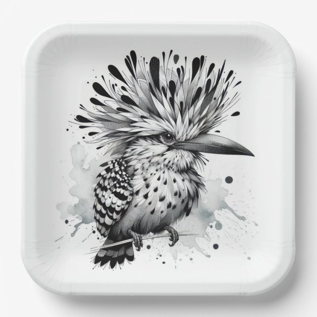 Quirky Bird Ink Sketch Paper Plate (Front)