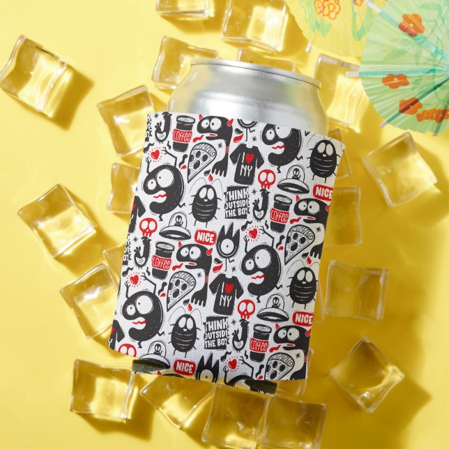 Quirky Black and Red Monster Doodles Can Cooler (In Situ Summer)