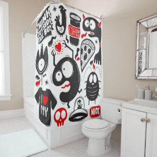 Quirky Black and Red Monster Doodles Shower Curtain