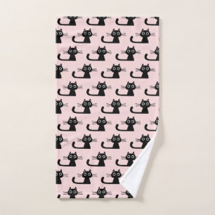 Quirky Black Kitty Cat   Fun Patterned Hand Towel