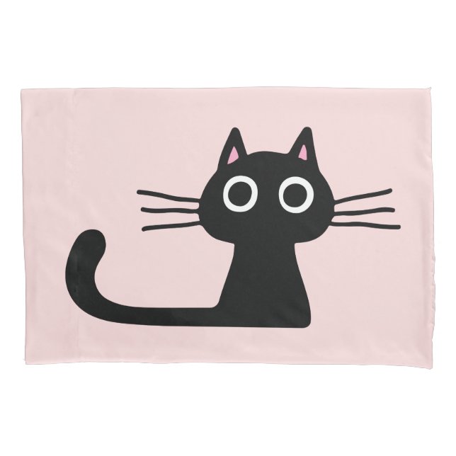 Quirky Black Kitty Cat with Long Whiskers Pillowcase (Front)