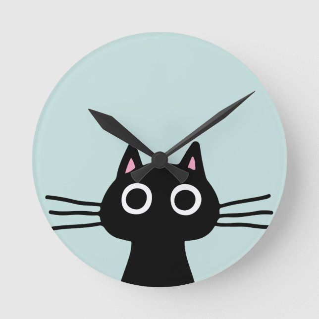Quirky Black Kitty Cat with Long Whiskers Round Clock (Front)