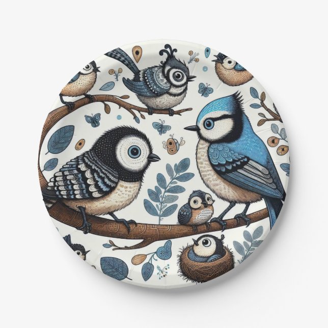 Quirky Blue Birds Paper Plate (Front)