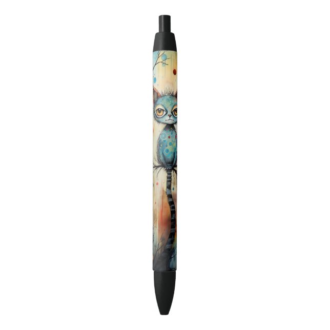 Quirky Blue Cat Whimsical Big Eyes Writing Black Ink Pen (Front Vertical)