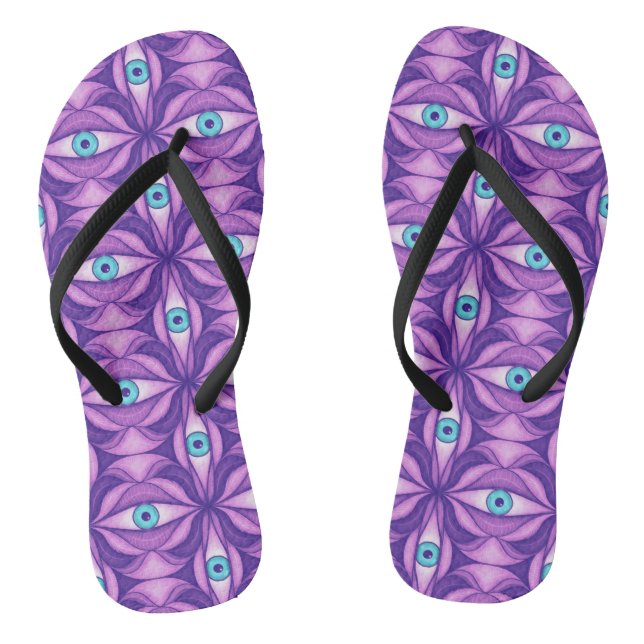 Quirky Blue Eyes In Mystical Purple Pattern Flip Flops (Footbed)