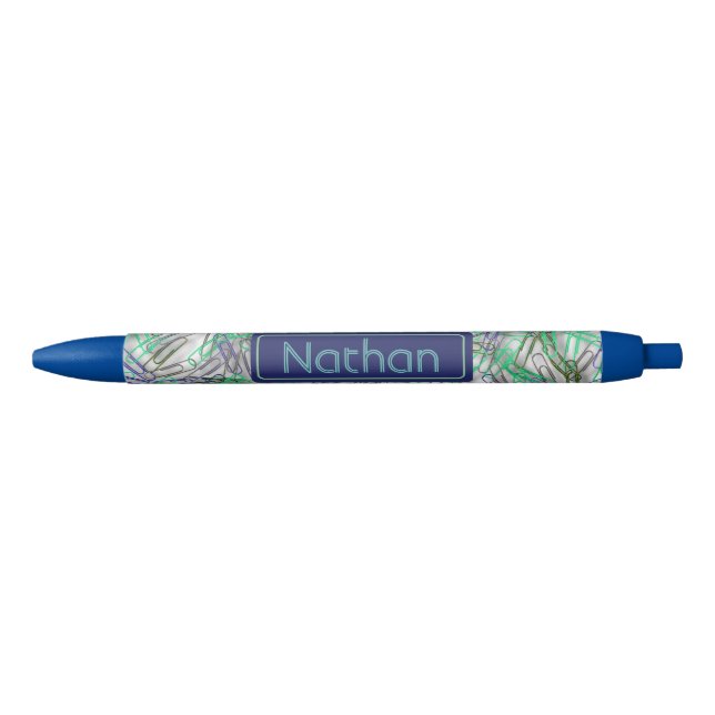 Quirky Blue Green Paperclips Personalised Blue Ink Pen (Front)