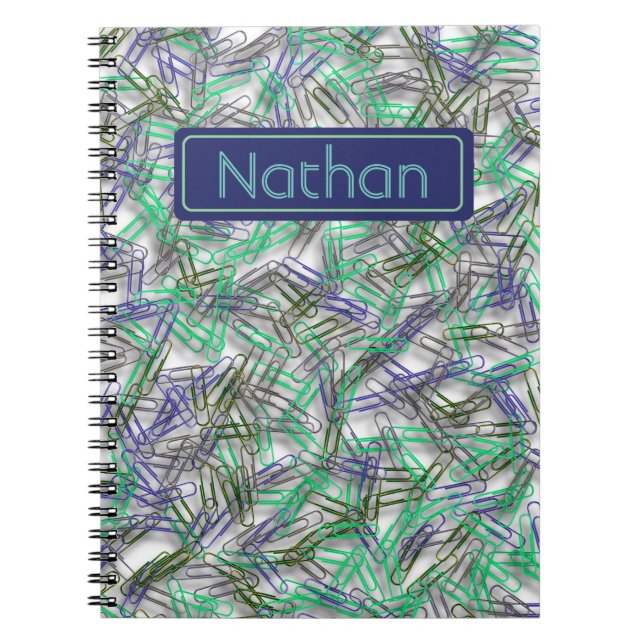 Quirky Blue Green Paperclips Personalised Notebook (Front)