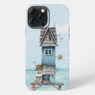 Quirky blue watercolor beach hut cottage iPhone 13 pro max case