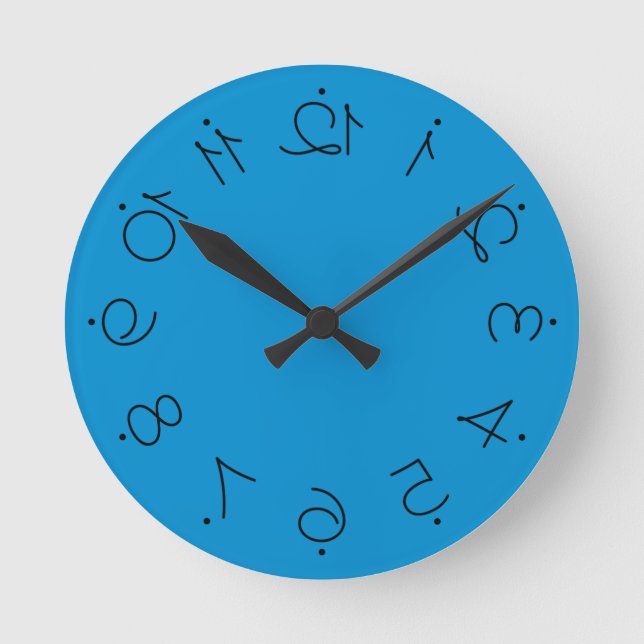 Quirky Blue With Flipped Twisted Numbers Round Clock (Front)
