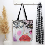 Quirky Bold Collage Art Graffiti Eyes Lips Bright Tote Bag<br><div class="desc">This fun, colourful tote bag designed using my original, collage style artwork featuring bold red lips and quirky eyes and with pops of neon pink, black and white designs, purple, blue, and a bit of a graffiti feel is perfect for anytime you are on the go. Take it shopping, fill...</div>