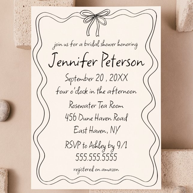 Quirky Bow Hand Drawn Doodle Sketch Bridal Shower Invitation (coquette ribbon bow hand drawn quirky eclectic whimsical bridal shower invitation black and white )