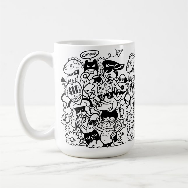Quirky Cartoon Character Crowd Coffee Mug (Left)