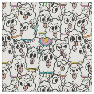 Quirky Cartoon Llama Herd Doodle Fabric