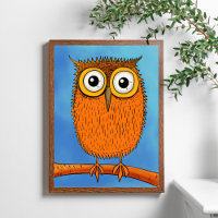 Quirky Cartoon Orange Owl with Big Eyes Poster