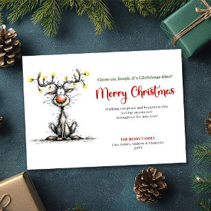 Quirky cartoon reindeer Christmas greeting card